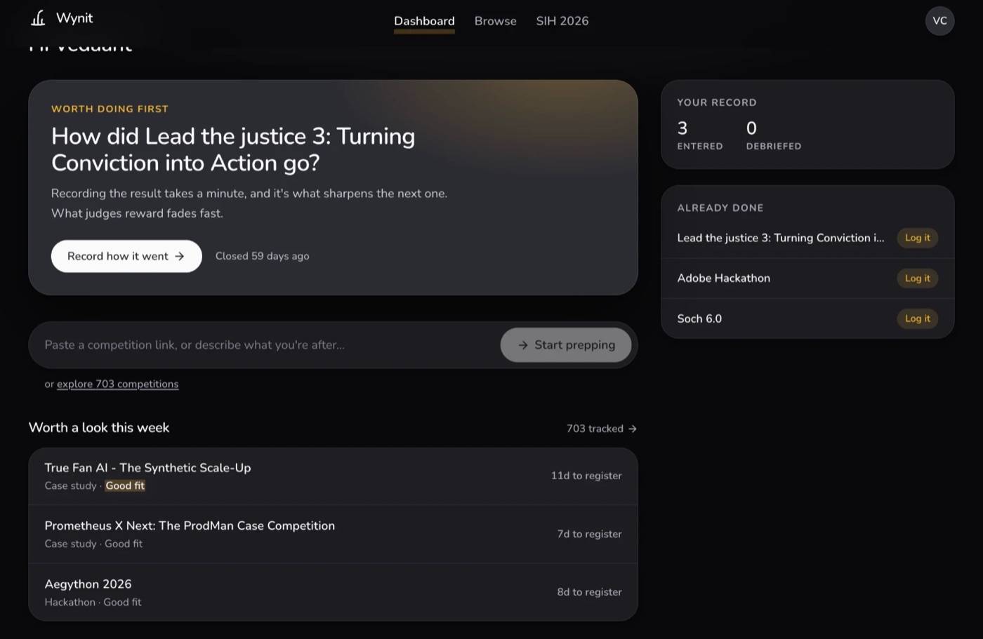 WynIt dashboard showing competitions to prep for, your record and logged competitions